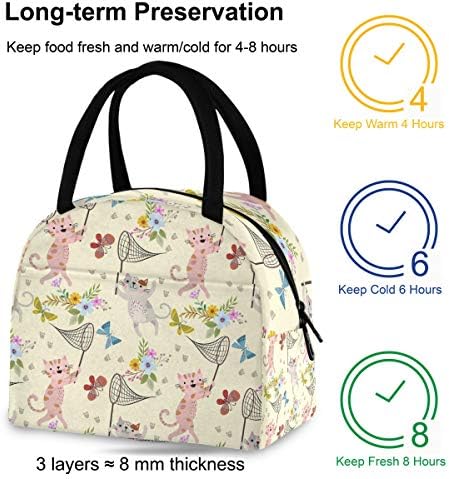 Случайна чанта за обяд Жена - Сладък Cartoony Котка, Пеперуди, Цветя, Голяма Запечатани Кутия за Обяд с плечевыми